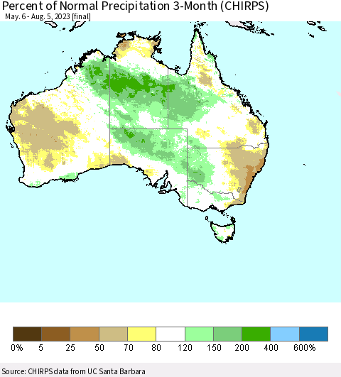 Australia Percent of Normal Precipitation 3-Month (CHIRPS) Thematic Map For 5/6/2023 - 8/5/2023