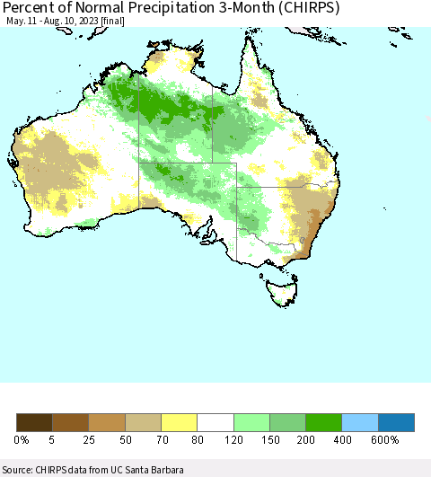 Australia Percent of Normal Precipitation 3-Month (CHIRPS) Thematic Map For 5/11/2023 - 8/10/2023