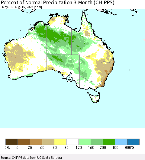 Australia Percent of Normal Precipitation 3-Month (CHIRPS) Thematic Map For 5/16/2023 - 8/15/2023
