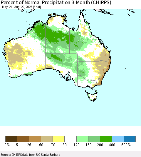 Australia Percent of Normal Precipitation 3-Month (CHIRPS) Thematic Map For 5/21/2023 - 8/20/2023