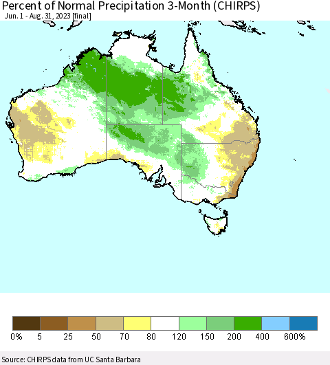 Australia Percent of Normal Precipitation 3-Month (CHIRPS) Thematic Map For 6/1/2023 - 8/31/2023