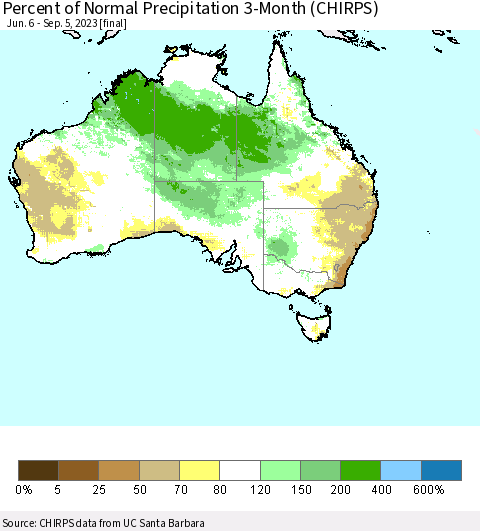 Australia Percent of Normal Precipitation 3-Month (CHIRPS) Thematic Map For 6/6/2023 - 9/5/2023