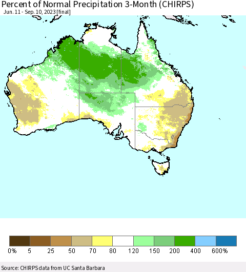 Australia Percent of Normal Precipitation 3-Month (CHIRPS) Thematic Map For 6/11/2023 - 9/10/2023