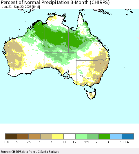 Australia Percent of Normal Precipitation 3-Month (CHIRPS) Thematic Map For 6/21/2023 - 9/20/2023