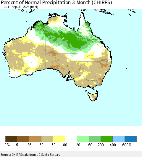 Australia Percent of Normal Precipitation 3-Month (CHIRPS) Thematic Map For 7/1/2023 - 9/30/2023