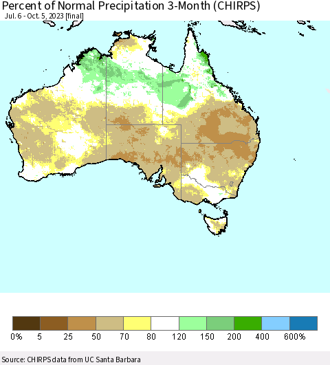 Australia Percent of Normal Precipitation 3-Month (CHIRPS) Thematic Map For 7/6/2023 - 10/5/2023