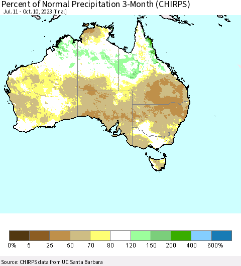 Australia Percent of Normal Precipitation 3-Month (CHIRPS) Thematic Map For 7/11/2023 - 10/10/2023