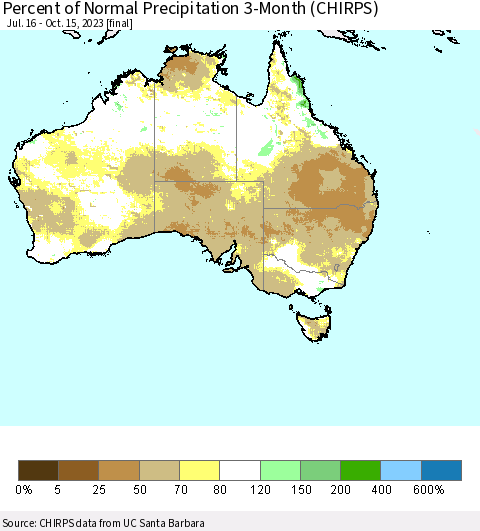 Australia Percent of Normal Precipitation 3-Month (CHIRPS) Thematic Map For 7/16/2023 - 10/15/2023