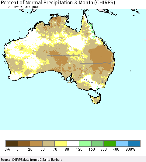 Australia Percent of Normal Precipitation 3-Month (CHIRPS) Thematic Map For 7/21/2023 - 10/20/2023