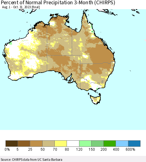 Australia Percent of Normal Precipitation 3-Month (CHIRPS) Thematic Map For 8/1/2023 - 10/31/2023