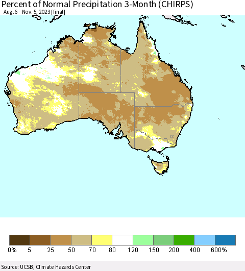Australia Percent of Normal Precipitation 3-Month (CHIRPS) Thematic Map For 8/6/2023 - 11/5/2023