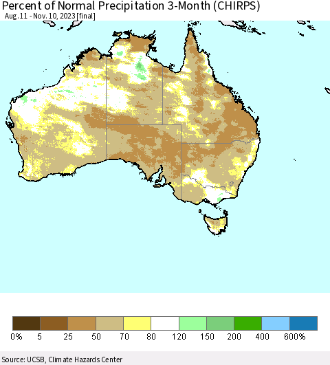 Australia Percent of Normal Precipitation 3-Month (CHIRPS) Thematic Map For 8/11/2023 - 11/10/2023