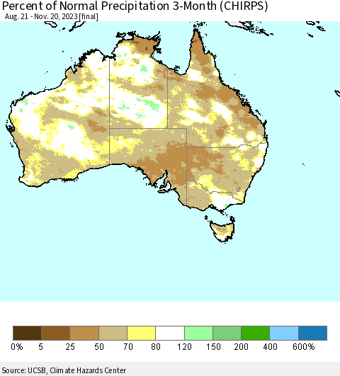 Australia Percent of Normal Precipitation 3-Month (CHIRPS) Thematic Map For 8/21/2023 - 11/20/2023