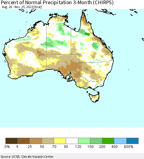 Australia Percent of Normal Precipitation 3-Month (CHIRPS) Thematic Map For 8/26/2023 - 11/25/2023