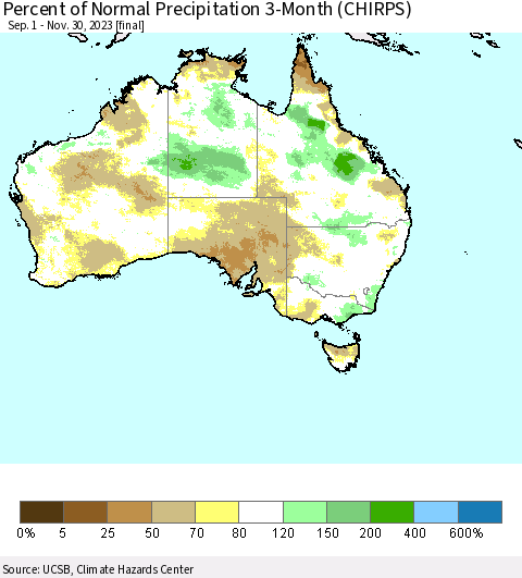 Australia Percent of Normal Precipitation 3-Month (CHIRPS) Thematic Map For 9/1/2023 - 11/30/2023