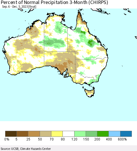 Australia Percent of Normal Precipitation 3-Month (CHIRPS) Thematic Map For 9/6/2023 - 12/5/2023