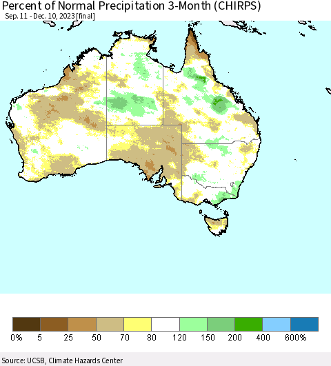 Australia Percent of Normal Precipitation 3-Month (CHIRPS) Thematic Map For 9/11/2023 - 12/10/2023