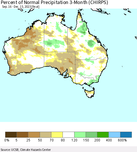 Australia Percent of Normal Precipitation 3-Month (CHIRPS) Thematic Map For 9/16/2023 - 12/15/2023