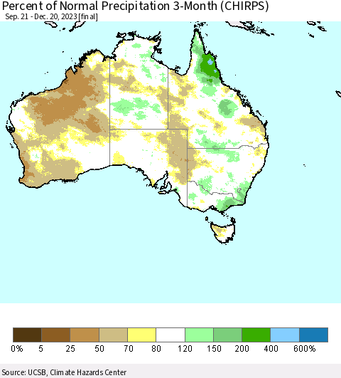 Australia Percent of Normal Precipitation 3-Month (CHIRPS) Thematic Map For 9/21/2023 - 12/20/2023