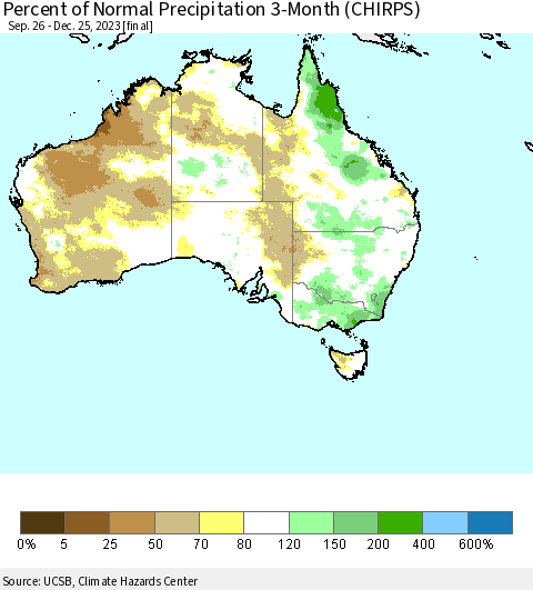 Australia Percent of Normal Precipitation 3-Month (CHIRPS) Thematic Map For 9/26/2023 - 12/25/2023