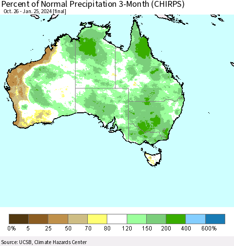 Australia Percent of Normal Precipitation 3-Month (CHIRPS) Thematic Map For 10/26/2023 - 1/25/2024