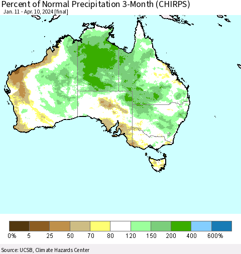 Australia Percent of Normal Precipitation 3-Month (CHIRPS) Thematic Map For 1/11/2024 - 4/10/2024