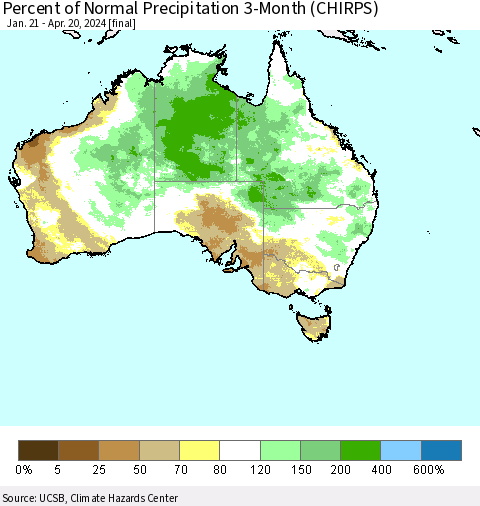Australia Percent of Normal Precipitation 3-Month (CHIRPS) Thematic Map For 1/21/2024 - 4/20/2024
