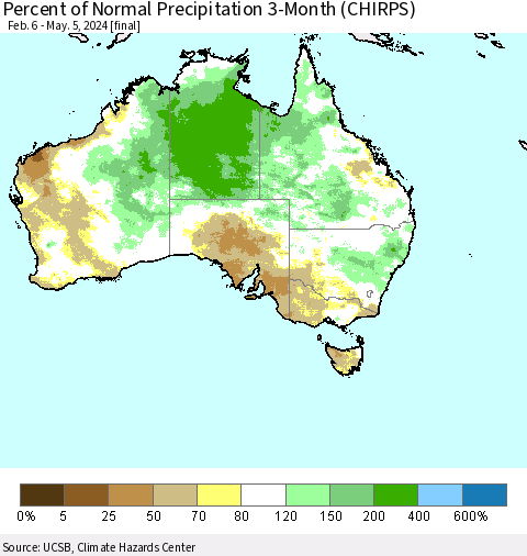 Australia Percent of Normal Precipitation 3-Month (CHIRPS) Thematic Map For 2/6/2024 - 5/5/2024