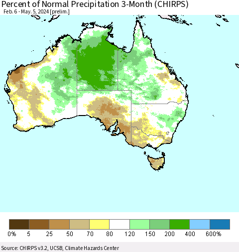 Australia Percent of Normal Precipitation 3-Month (CHIRPS) Thematic Map For 2/6/2024 - 5/5/2024