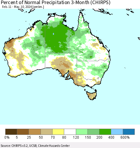 Australia Percent of Normal Precipitation 3-Month (CHIRPS) Thematic Map For 2/11/2024 - 5/10/2024