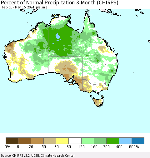 Australia Percent of Normal Precipitation 3-Month (CHIRPS) Thematic Map For 2/16/2024 - 5/15/2024