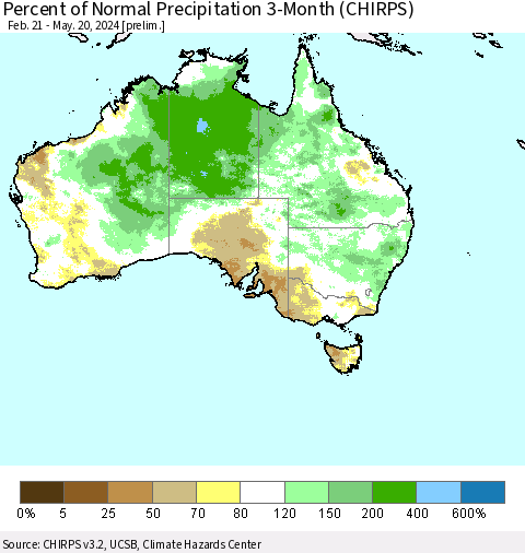 Australia Percent of Normal Precipitation 3-Month (CHIRPS) Thematic Map For 2/21/2024 - 5/20/2024