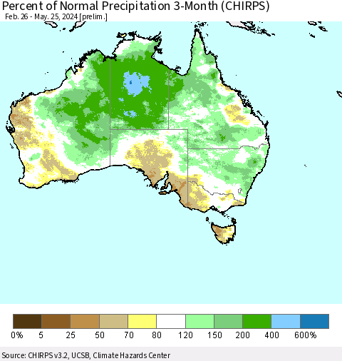 Australia Percent of Normal Precipitation 3-Month (CHIRPS) Thematic Map For 2/26/2024 - 5/25/2024