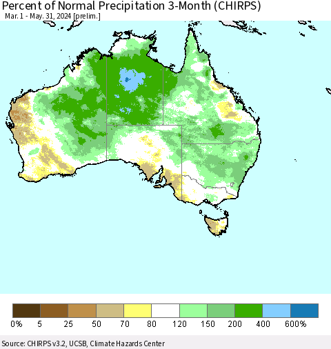Australia Percent of Normal Precipitation 3-Month (CHIRPS) Thematic Map For 3/1/2024 - 5/31/2024