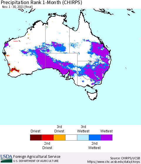 Australia Precipitation Rank since 1981, 1-Month (CHIRPS) Thematic Map For 11/1/2021 - 11/30/2021