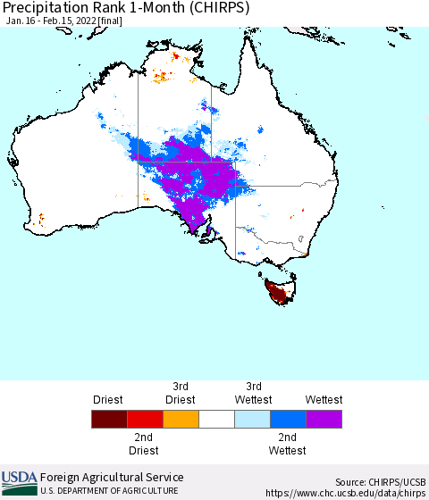 Australia Precipitation Rank since 1981, 1-Month (CHIRPS) Thematic Map For 1/16/2022 - 2/15/2022