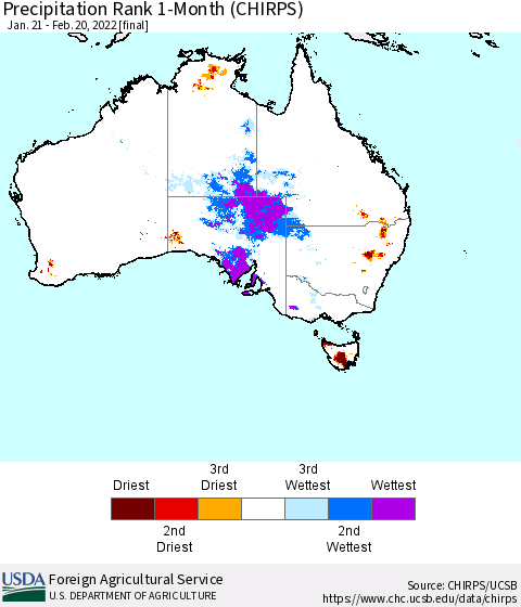 Australia Precipitation Rank since 1981, 1-Month (CHIRPS) Thematic Map For 1/21/2022 - 2/20/2022