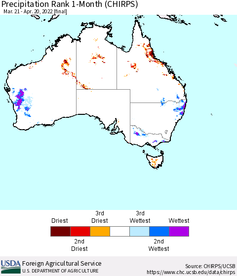 Australia Precipitation Rank since 1981, 1-Month (CHIRPS) Thematic Map For 3/21/2022 - 4/20/2022