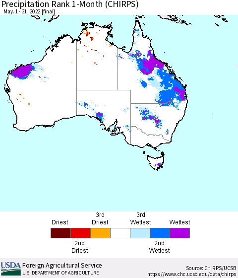 Australia Precipitation Rank since 1981, 1-Month (CHIRPS) Thematic Map For 5/1/2022 - 5/31/2022