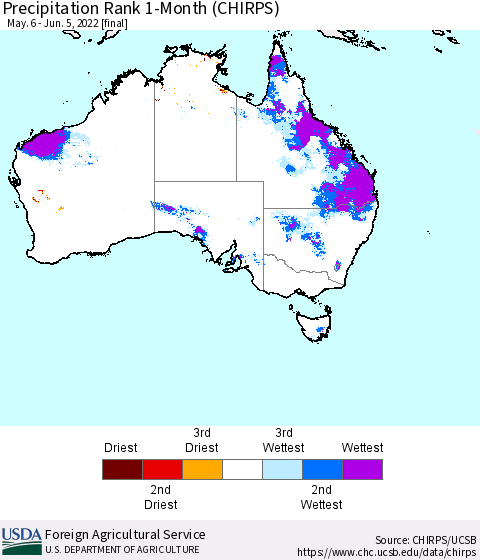 Australia Precipitation Rank since 1981, 1-Month (CHIRPS) Thematic Map For 5/6/2022 - 6/5/2022
