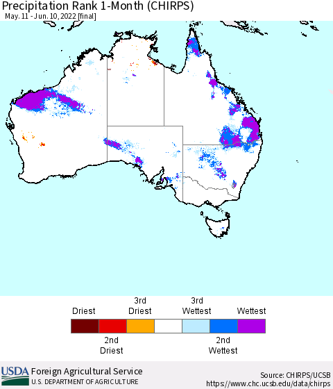 Australia Precipitation Rank since 1981, 1-Month (CHIRPS) Thematic Map For 5/11/2022 - 6/10/2022