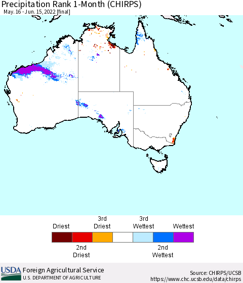 Australia Precipitation Rank since 1981, 1-Month (CHIRPS) Thematic Map For 5/16/2022 - 6/15/2022