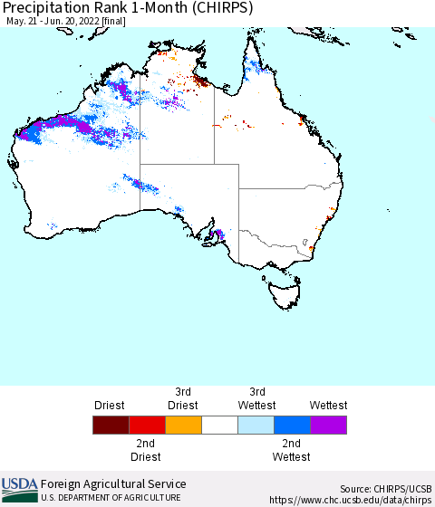 Australia Precipitation Rank since 1981, 1-Month (CHIRPS) Thematic Map For 5/21/2022 - 6/20/2022