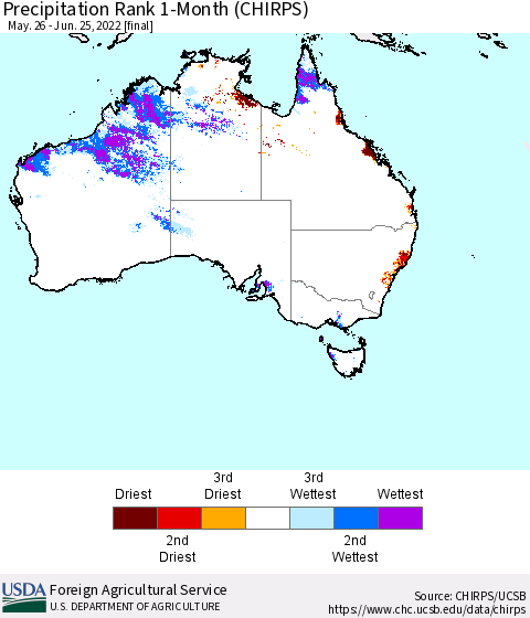 Australia Precipitation Rank since 1981, 1-Month (CHIRPS) Thematic Map For 5/26/2022 - 6/25/2022