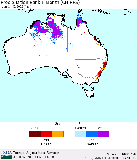 Australia Precipitation Rank since 1981, 1-Month (CHIRPS) Thematic Map For 6/1/2022 - 6/30/2022