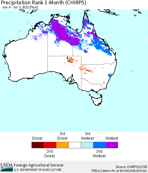 Australia Precipitation Rank since 1981, 1-Month (CHIRPS) Thematic Map For 6/6/2022 - 7/5/2022