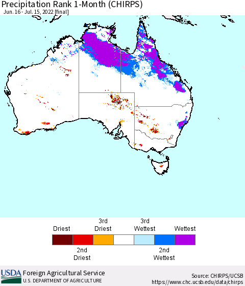 Australia Precipitation Rank since 1981, 1-Month (CHIRPS) Thematic Map For 6/16/2022 - 7/15/2022