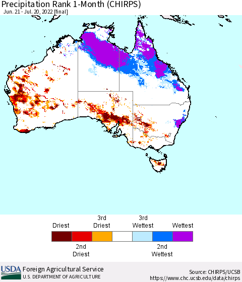 Australia Precipitation Rank since 1981, 1-Month (CHIRPS) Thematic Map For 6/21/2022 - 7/20/2022