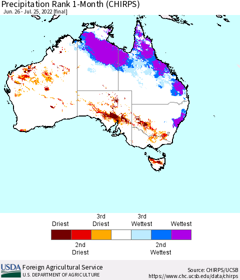 Australia Precipitation Rank since 1981, 1-Month (CHIRPS) Thematic Map For 6/26/2022 - 7/25/2022