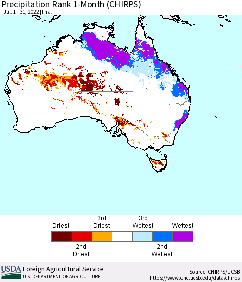 Australia Precipitation Rank since 1981, 1-Month (CHIRPS) Thematic Map For 7/1/2022 - 7/31/2022